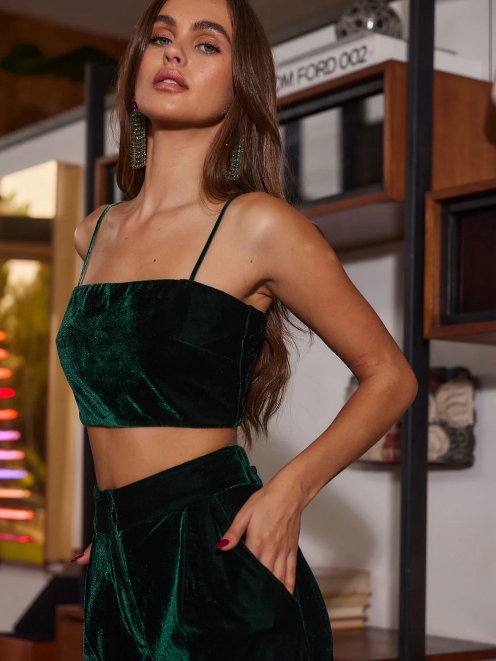 Rhea Emerald Velvet Crop Top & wide leg pants   Matching outfit small evening